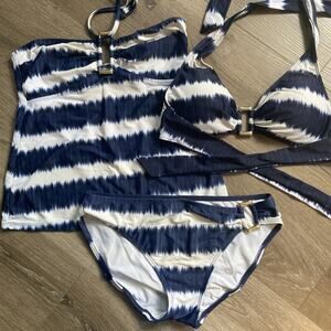 Polo Ralph Lauren 3 Piece Bikini Set Women Sz 8 & 6 Blue White Gold Buckle